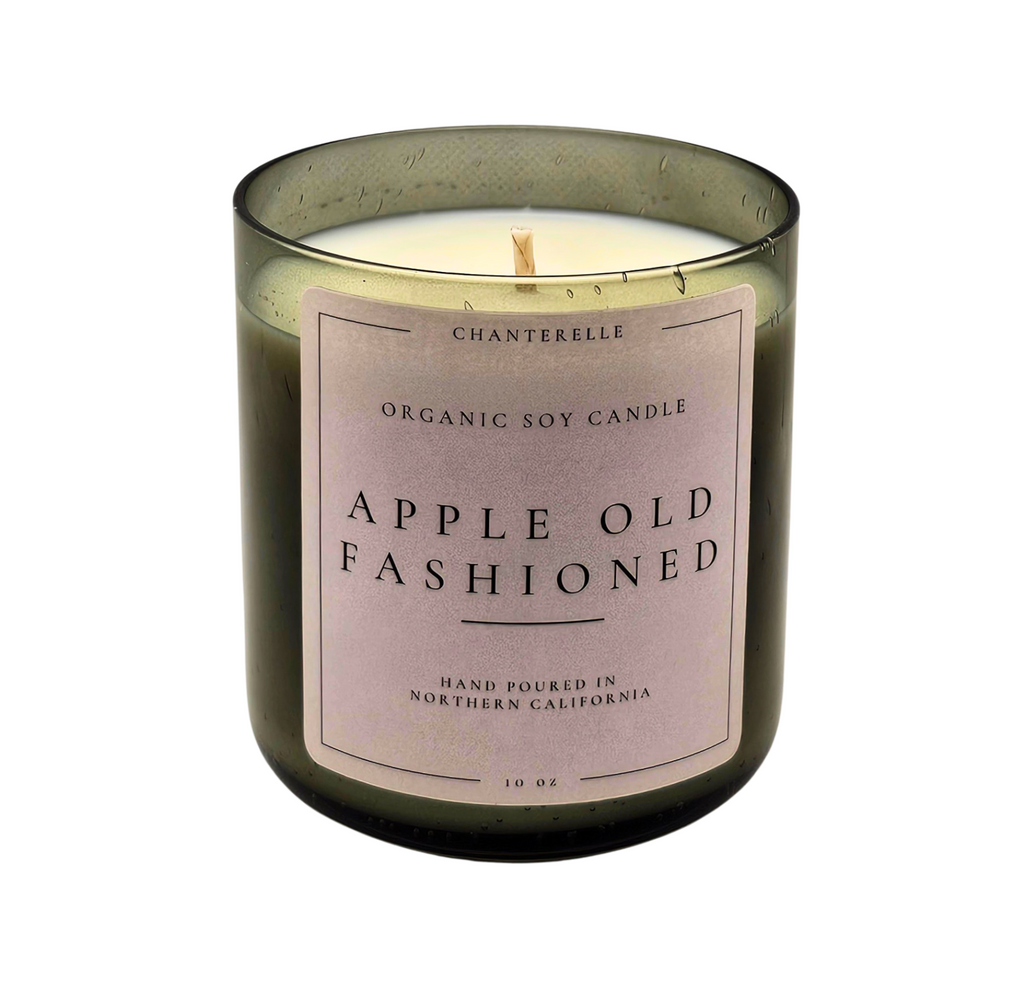 Chanterelle organic soy candle labeled 'Apple Old Fashioned' on a white background