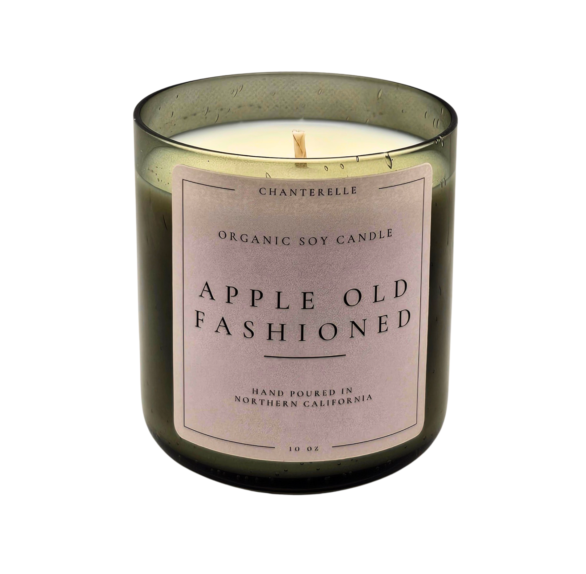 Chanterelle organic soy candle labeled 'Apple Old Fashioned' on a white background