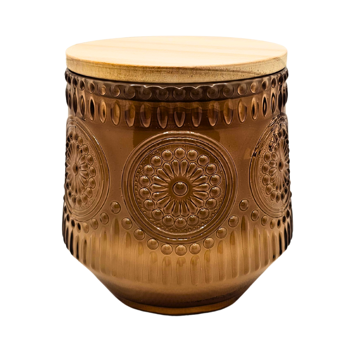 Decorative brown ceramic stool with intricate patterns on a white background